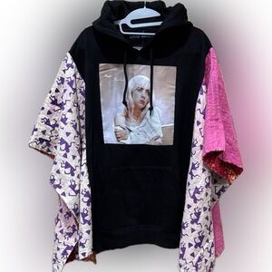 Hand Crafted BILLIE EILISH Hoodie with Kantha Sleeves, by Susie.